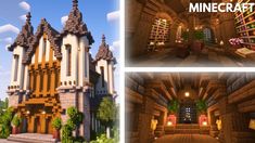 three different views of a castle with bookshelves and plants in the middle one is minecraft