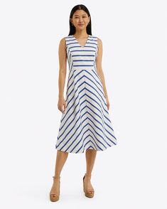 Michaela Love Circle Dress in Cotton – Draper James Chic Cotton Dress With Striped Hem, Fitted Spring Dress With Striped Hem, Spring Fitted Dress With Striped Hem, Chic Cotton Dress With Vertical Stripes, Chic Cotton Dresses With Vertical Stripes, Fitted Dresses With Striped Hem For Spring, Elegant Spring Dresses With Striped Hem, Spring Workwear Dresses With Vertical Stripes, Circle Silhouette