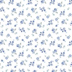 blue flowers on white background with green stems and leaves in the center, all over