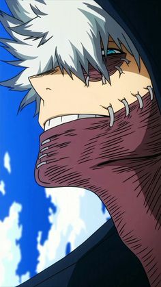 an anime character with white hair and blue eyes looking to his left while staring at the sky