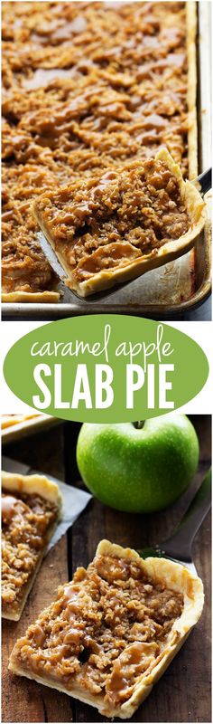 caramel apple slab pie with apples in the background and text overlay that reads caramel apple slab pie