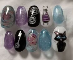 Mitski Inspired Nails, Coraline Nail Designs, Invader Zim Nails, Coraline Nails Art, Cheshire Cat Nails, Quirky Nail Art, Coraline Nails, Hippie Nails