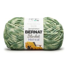 bernat blanket mist - cat yarn in green and white, on a white background