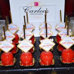 there are many red desserts with gold trim on the top one is for las vegas