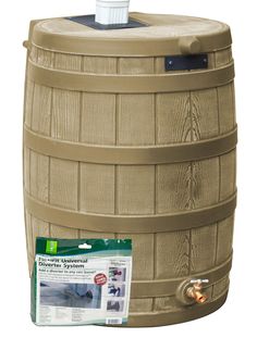 a large plastic barrel with a water tank attached to the front and side of it