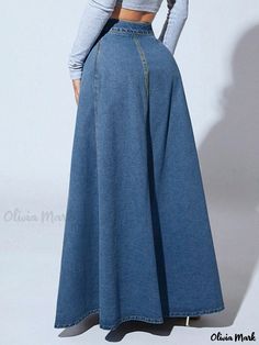 Olivia Mark - Vintage High-Waisted Denim Skirt with Stylish Single-Breasted Button Closure Flare Denim Skirt, Kawaii Casual, Flared Denim Skirt, Clothing Wishlist, Women's Denim Jeans, High Waisted Denim Skirt, Denim Outfits, Long Denim Skirt, Elegant Skirt