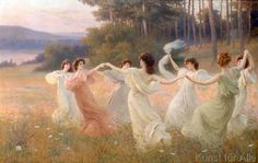 a painting of four women dancing in a field