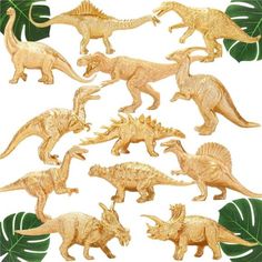 wooden dinosaurs and leaves on a white background with the words, dinosaurs are all in gold