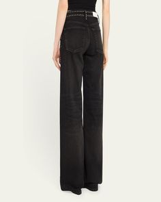 RE/DONE wideleg jeans featuring stud embellishment in black denim     Midrise; sits high on the hip    Fivepocket style     Relaxed fit     Full length    Button/zip fly; belt loops     Cotton/elasterellp/Lycra® spandex    Imported Wide Leg Jeans In Washed Black With Belt Loops, Edgy Wide-leg Flare Jeans With Five Pockets, Edgy Wide Leg Flare Jeans With Five Pockets, Mid-rise Washed Black Flare Jeans With Belt Loops, Edgy High Rise Flare Jeans, Edgy Wide-leg Jeans With Belt Loops, Edgy Wide Leg Jeans With Belt Loops, Black Wide Leg Flare Jeans In Rigid Denim, Black High Rise Jeans With Button Zip Fly