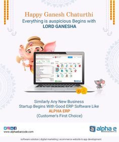 an advertisement for lord ganesh chaturthi with laptop and money on the screen