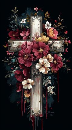 a cross with flowers painted on it