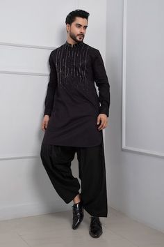 Black beads emrboidered straight kurta. Paired with solid patiala style pant. - Aza Fashions Embellished Cotton Kurta For Eid, Festive Embellished Cotton Kurta, Traditional Embellished Cotton Kurta, Patiala For Men, Hand Embroidery Beads, Black Kurta, Embroidery Beads, Men Kurta, Style Pant