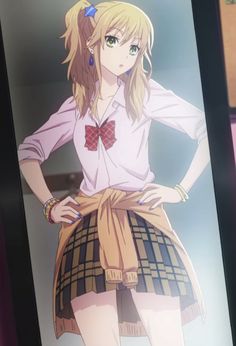 an anime character is standing in front of a glass door with her hands on her hips