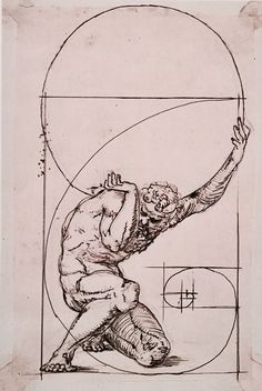 a drawing of a man with his arms outstretched in front of a circle and lines