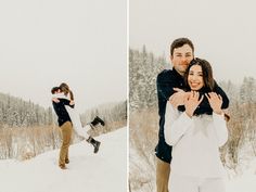 a man and woman are hugging in the snow