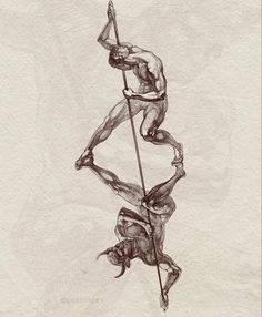 a drawing of two men doing acrobatic tricks with one holding the pole