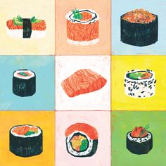 a painting of sushi on different colored squares