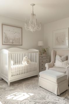 Elegant nursery design with neutral tones featuring a white crib, cozy nursing chair, soft rug, and luxurious chandelier for baby room inspiration.