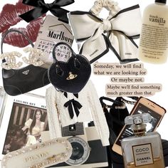 a collage of women's personal items including perfumes and accessories