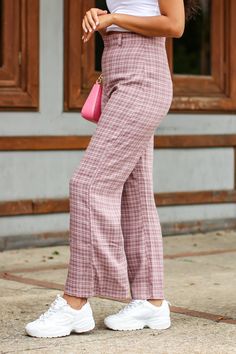 Details: High waist plaid print wide leg pants- High waist - Plaid print - Wide leg Content: 100% Cotton Size + Fit: Model is 5'9" and wearing a Medium- Measurements from a size small- Full length:42''- Inseam:29''- Rise:12''- Hips:36''- Waist:26'' Fairy Academia, Plaid Wide Leg Pants, Aria Style, Pastel Plaid, Dusty Mauve, Printed Wide Leg Pants, Plaid Pants, Plaid Print, High Waisted Pants