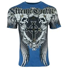 Brand: Affliction Color: Navy Style: Pulverize Material: 100% Cotton, Detail: Crew Neck Shirt, Printed In Front & Back, Design In Usa, Blue Short Sleeve Tops With Skull Print, Blue Skull Print Crew Neck Top, Affliction Shirts, Skull Wings, Xtreme Couture, Affliction Men, Navy Style, Tee Shirt Homme, Navy Fashion