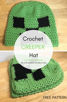 a crocheted hat with the words crochet creeper hat on it