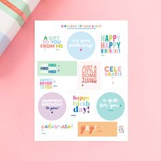 a birthday sticker sheet on a pink background