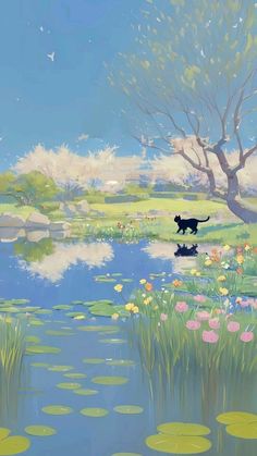 a painting of a dog walking in the grass near a pond with water lillies