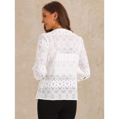 Upgrade your wardrobe with the cute hollow out blouse. With these trendy crochet design and 3/4 sleeve, these tops effortlessly blend casual and elegant styles. Simple and never outdated style. It is perfect wear with pants, jeans or skirts. The crew neck and button closure add to its stylish appeal. Ideal for various occasions including casual outings, work, and dates. The hollow out design adds a unique touch to your outfit. Easy to care for, this blouse can be machine washed with similar colo Casual Long Sleeve Crochet Lace Blouse, Long Sleeve Crochet Lace Tops For Day Out, Chic Long Sleeve Hollow Out Tops, Crochet Lace Long Sleeve Tops For Day Out, Elegant Long Sleeve Crochet Top For Brunch, Long Sleeve Crochet Top With Lace Trim For Brunch, Spring Long Sleeve Hollow Out Crochet Top, White Long Sleeve Tops With Hollow Out, White Long Sleeve Top With Hollow Out