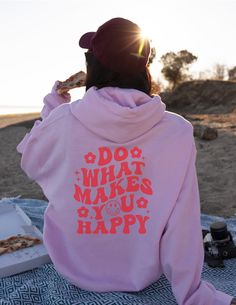 Do what makes you happy in neon coral on a pink hoodie with free shipping. Pink Sweatshirt With Screen Print For Streetwear, Cute Pink Hoodie For Streetwear, Pink Hooded Hoodie With Letter Print, Pink Slogan Hoodie With Crew Neck, Cute Pink Sweatshirt With Text Print, Pink Cotton Hoodie With Screen Print, Pink Graphic Print Hooded Hoodie, Pink Casual Hoodie With Letter Print, Pink Hooded Hoodie With Graphic Print