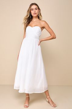 Fairytale Design White Organza Strapless A-Line Midi Dress Bridesmaid Midi Dress With Sweetheart Neckline, Cocktail Dress With Pleated Bodice And Flowy Fit, Chiffon Midi Dress With Sweetheart Neckline And Fitted Bodice, Chiffon Midi Dress With Ruched Bodice, Flowy Midi Party Dress With Sweetheart Neckline, Flowy Midi Dress With Sweetheart Neckline For Party, Chiffon Dresses With Fitted Bodice And Empire Waist, Chiffon Dresses With Empire Waist And Fitted Bodice, Chiffon Empire Waist Dress With Pleated Bodice