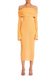 Knit, off-the-shoulder midi dress with fold over neckline and long, bell sleeves. Shown here in Papaya. Long Bell Sleeves, Knit Outerwear, Spring Capsule Wardrobe, Romper And Jacket, Silk Slip, Knit Midi, Weekend Wear, Knit Midi Dress, Shirt Accessories