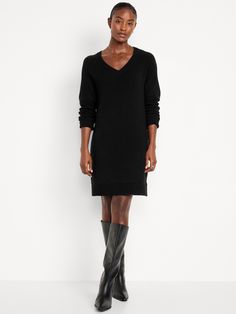 v-neck long sleeves rib-knit trim relaxed cocoon fit hits at thigh models are approx.  5'9" and wear sizes s (4), l (12), and xl (18)machine wash according to the care instruction label  . Best Holiday gift for Women , perfect Dresses for Christmas! Little Black Dress Winter, Black Dress Winter, Dresses With Cowboy Boots, Navy Sweater Dress, Sweater Dress Black, Mini Sweater, Black Sweater Dress, Navy Sweater, Mini Dress Black