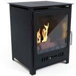 a small black stove with flames in it