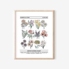 a framed print with flowers in different colors and sizes, including the names of each flower