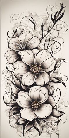 an artistic drawing of flowers with swirls and leaves on the side, in black and white