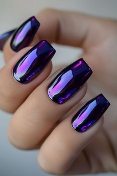 Chrome Nail Inspiration, Nails Ombre Chrome, Metallic Purple Nails, Chrome Nails Ombre, Spring Chrome Nails, Metallic Manicure, Pink Chrome Nail, Purple Nail Design, Chrome Nail Design