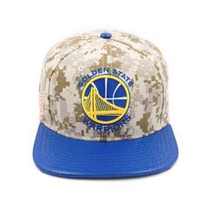 the golden state warriors camo and blue snapback hat is shown on a white background