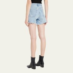 AGOLDE "Parker" shorts in distressed light-wash denim. Mid-rise waist. Five-pocket style. Relaxed fit. Frayed raw-edge hem. Button/zip fly; belt loops. Machine wash. Cotton. Imported. Size Note:   Height: 5'10"/ waist 24”/ hips 34"/ bust 32" Model is wearing size 26 Trendy Cutoff Shorts With Belt Loops, Trendy Light Wash Jean Shorts With Belt Loops, Relaxed Fit Cutoff Shorts With Belt Loops, Casual Cutoff Jean Shorts With Belt Loops, High Waist Light Wash Jean Shorts With Belt Loops, Light Wash Shorts With Belt Loops For Spring, Spring Light Wash Shorts With Belt Loops, Relaxed Fit Cutoff Jean Shorts With Belt Loops, Mid-rise Light Wash Jean Shorts With Belt Loops