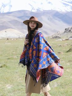 Ethnic style with hat shawl cloak Tibet travel wear photo warm outer cape Wide:130cm Length:150cm Style With Hat, Hat Shawl, Cloth Reference, Poncho Wrap Shawl, Tibet Travel, Fringe Cape, Lijiang, Style Africain, Poncho Wrap