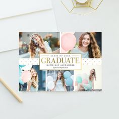 a graduation announcement card with balloons and confetti on the front, in gold foil