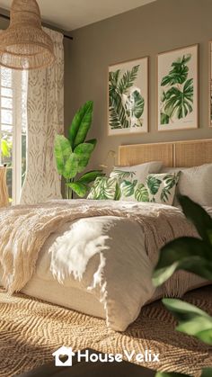 a bedroom with plants and pictures on the wall