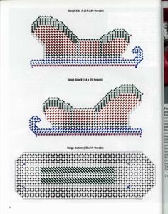 two cross stitch designs in the shape of sleighs, one red and one blue