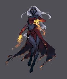 a drawing of a woman with white hair and red cape on her head, in flames