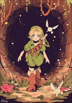 the legend of zelda is standing in front of a tunnel with birds flying around