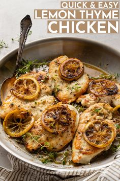 lemon thyme chicken in a skillet with herbs on the side and text overlay that reads quick and easy lemon thyme chicken