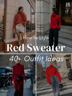 Red Christmas Outfits For Women, Red Sweater Outfit Women, Red Crew Neck Sweater Outfit, Christmas Day Outfit Ideas For Women, Christmas Day Outfit Women Classy, How To Style Red Cardigan, Red V Neck Sweater Outfit, Oversized Red Sweater Outfit, Cny Outfit Ideas