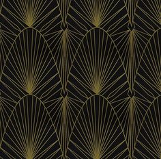 an art deco style wallpaper with gold lines and curves on a black background,