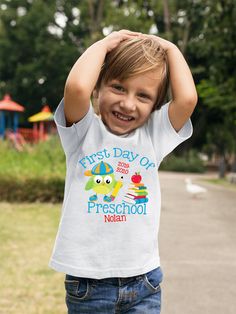 "Super cute First Day Of Preschool shirt, which little boy or girl doesn't love owls?! These shirts come personalized with year and name. We press our shirts with a professional heat press, use high quality transfer paper and ink and use a small business printer. We use infant bodysuits (one pieces) , sizes 0-3 months, 3-6 months, 6-12 months and 12-18 months. Infant lap tees sizes 6-12 months and 12-18 months. And we use toddler tees (2T, 3T, 4T, 5T) We also have Youth shirts sizes S, M and L. Playful Short Sleeve School Shirt, Playful Short Sleeve Shirt For School, Playful Back-to-school T-shirt For Playtime, Playful Back To School T-shirt, Playful White Shirt For School, Playful White School Shirt, First Day Of Preschool Shirt, First Day Of Preschool, Preschool Shirts