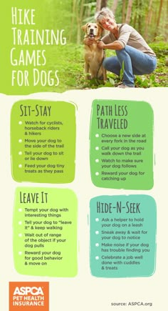 a woman kneeling down next to a dog in the woods with text that reads hike training games for dogs